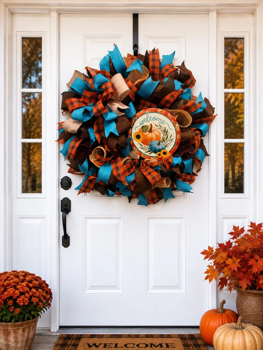 Welcome Fall Harvest Door Wreath - Turquoise & Orange